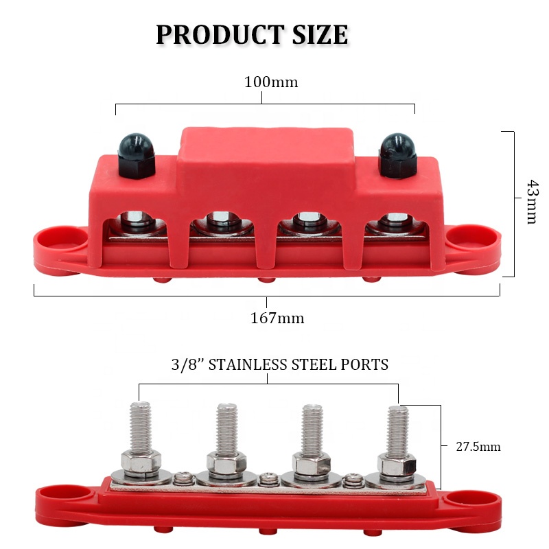 250A M8 Busbar Power Distribution Block - 4 x M8 Stainless Steel Studs -12V 48V - RED - Image 4