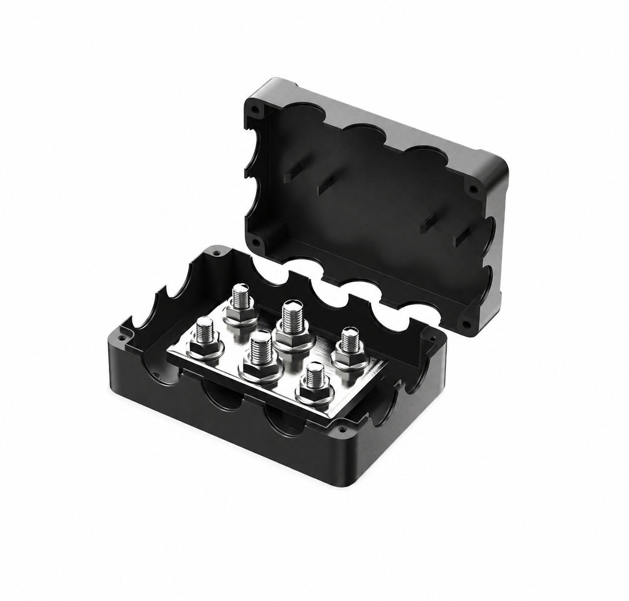 500A 6-Post Power Distribution Busbar Block – M10 & M8 Studs – 12V–48V DC