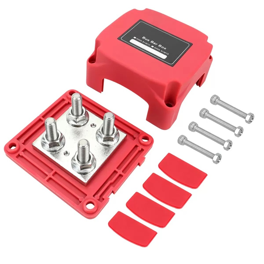 300A 4-Post Power Distribution Busbar Block – M10 Studs – 12V–48V Red Positive (Square) - Image 2