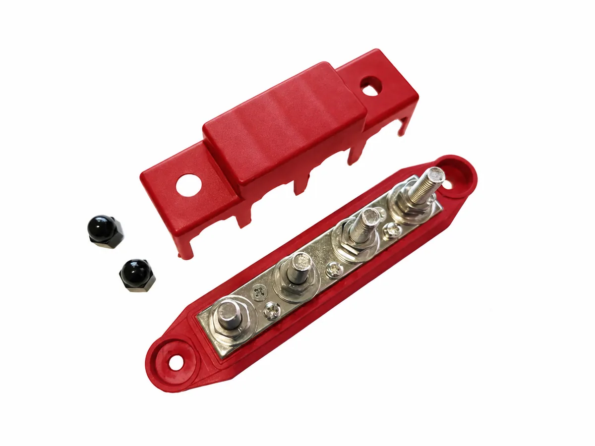 250A Busbar Power Distribution Block - 4 x M10 Stainless Steel Studs -12V 48V - Red (+Positive) - Image 4