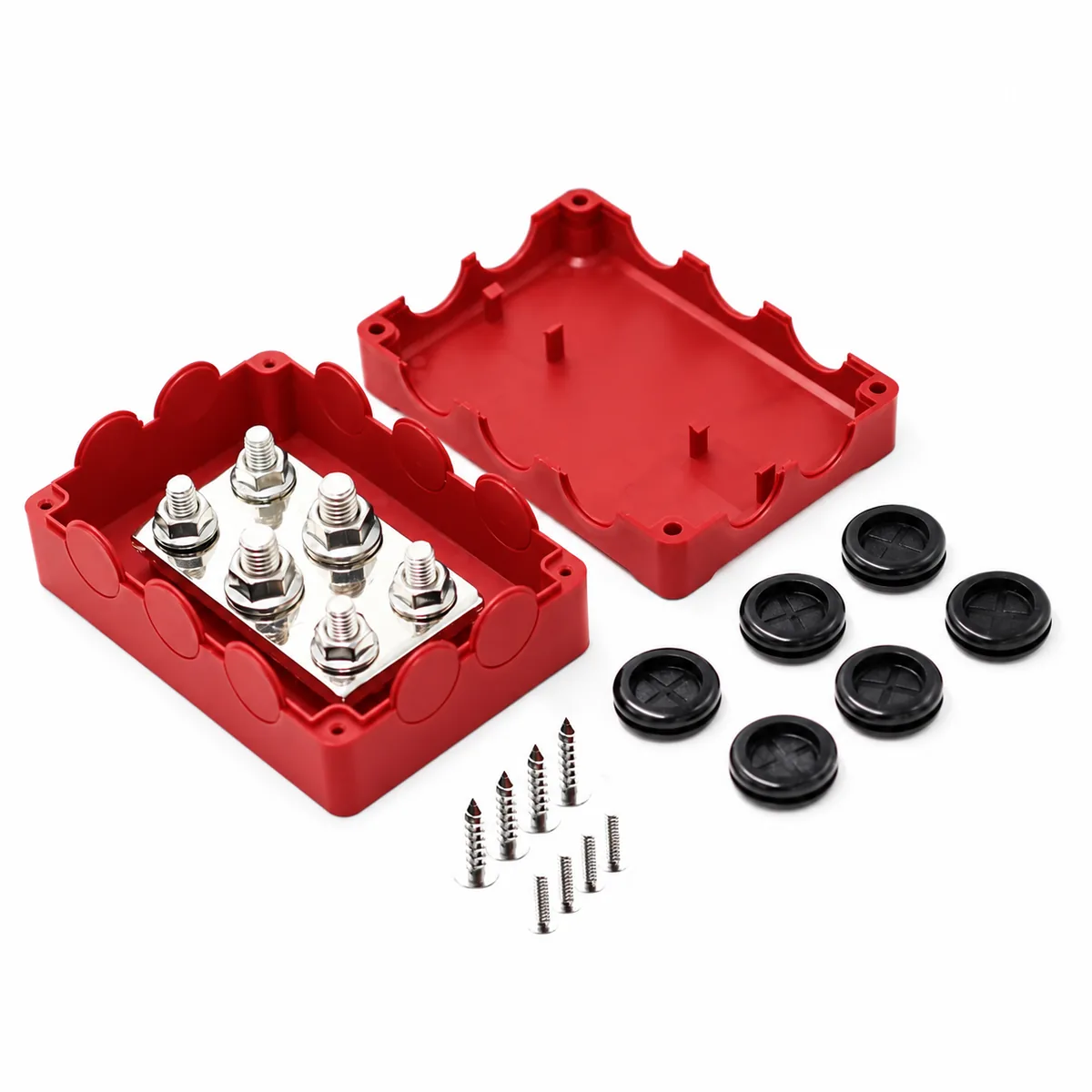 500A 6-Post Power Distribution Busbar Block – M10 & M8 Studs – 12V–48V DC - Red (+Positive) - Image 2