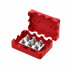500A 6-Post Power Distribution Busbar Block – M10 & M8 Studs – 12V–48V DC - Red (+Positive)
