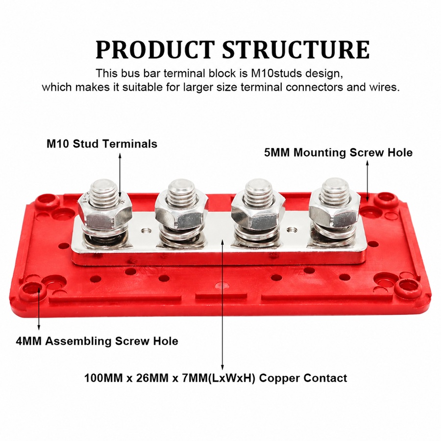 300A 4-Post Power Distribution Busbar Block – M10 Studs – 12V–48V Red Positve (Longways) - Image 3