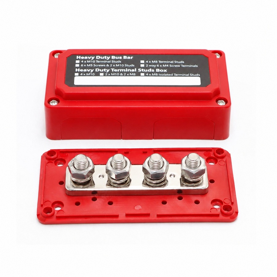 300A 4-Post Power Distribution Busbar Block – M10 Studs – 12V–48V Red Positve (Longways)