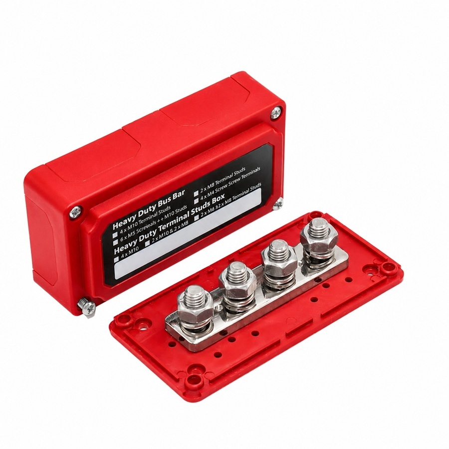 300A 4-Post Power Distribution Busbar Block – M10 Studs – 12V–48V Red Positve (Longways) - Image 2