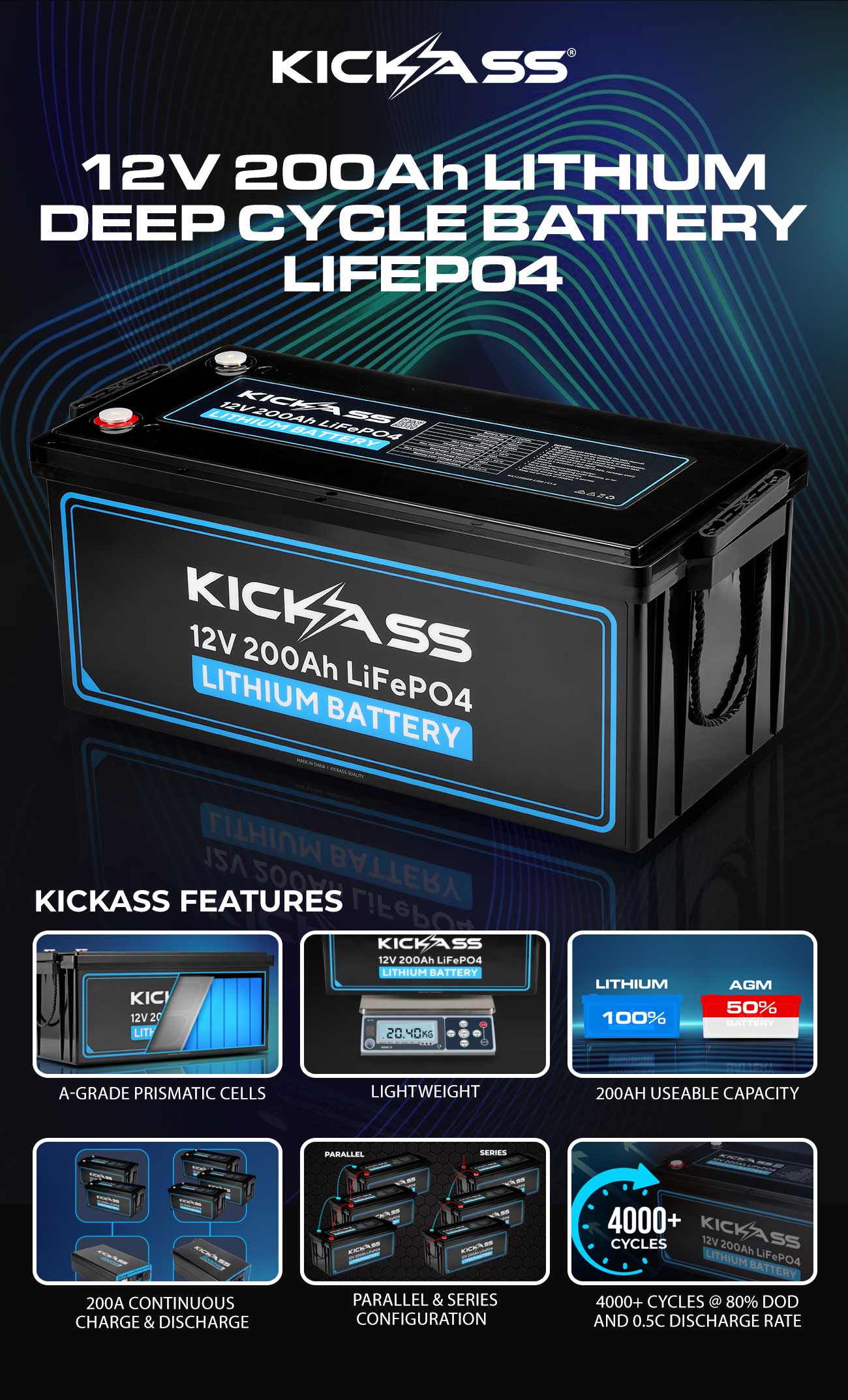 KickAss 12V 200Ah Deep Cycle Lithium Battery